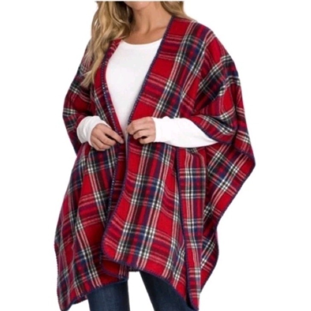 Woolrich One Size Wrap Poncho Red Plaid Blanket Shawl Soft Cozy H3